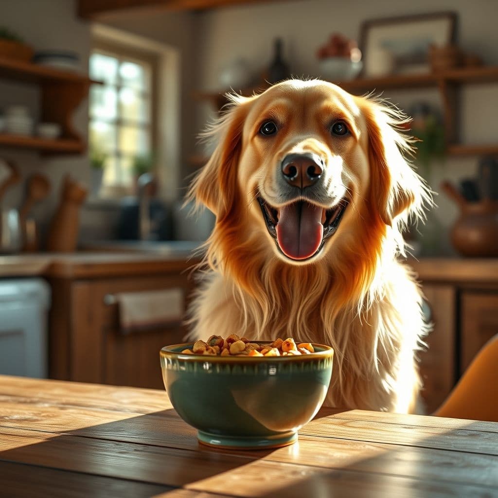 Perro feliz comiendo de un plato de cerámica después de un paseo