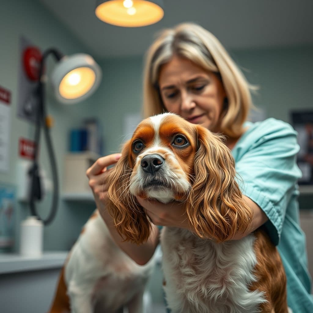 Dueño examinando con cuidado a un perro mayor que muestra signos de dolor