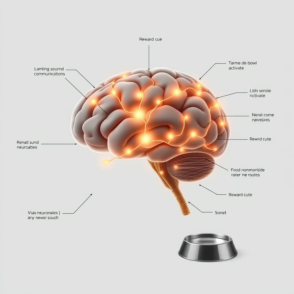 Ilustración del proceso de condicionamiento clásico con perro y sonido de comida