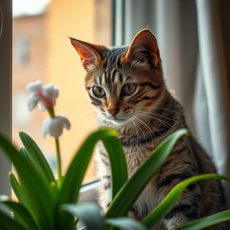 Gato curioso olfateando una planta potencialmente peligrosa en interior