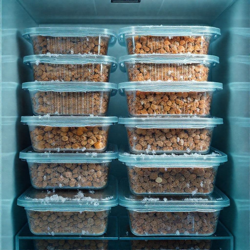 Tupperwares con comida casera para perros organizados en un congelador