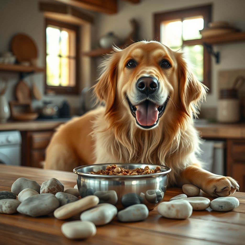 Perro comiendo de plato con piedras limpias que ralentizan su alimentación