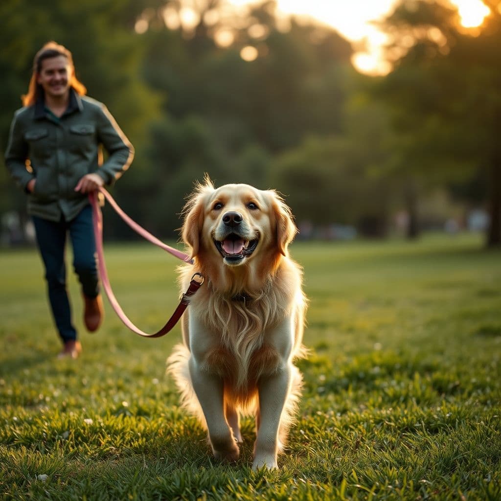 Perro paseando tranquilamente sin tirar de la correa en un parque soleado