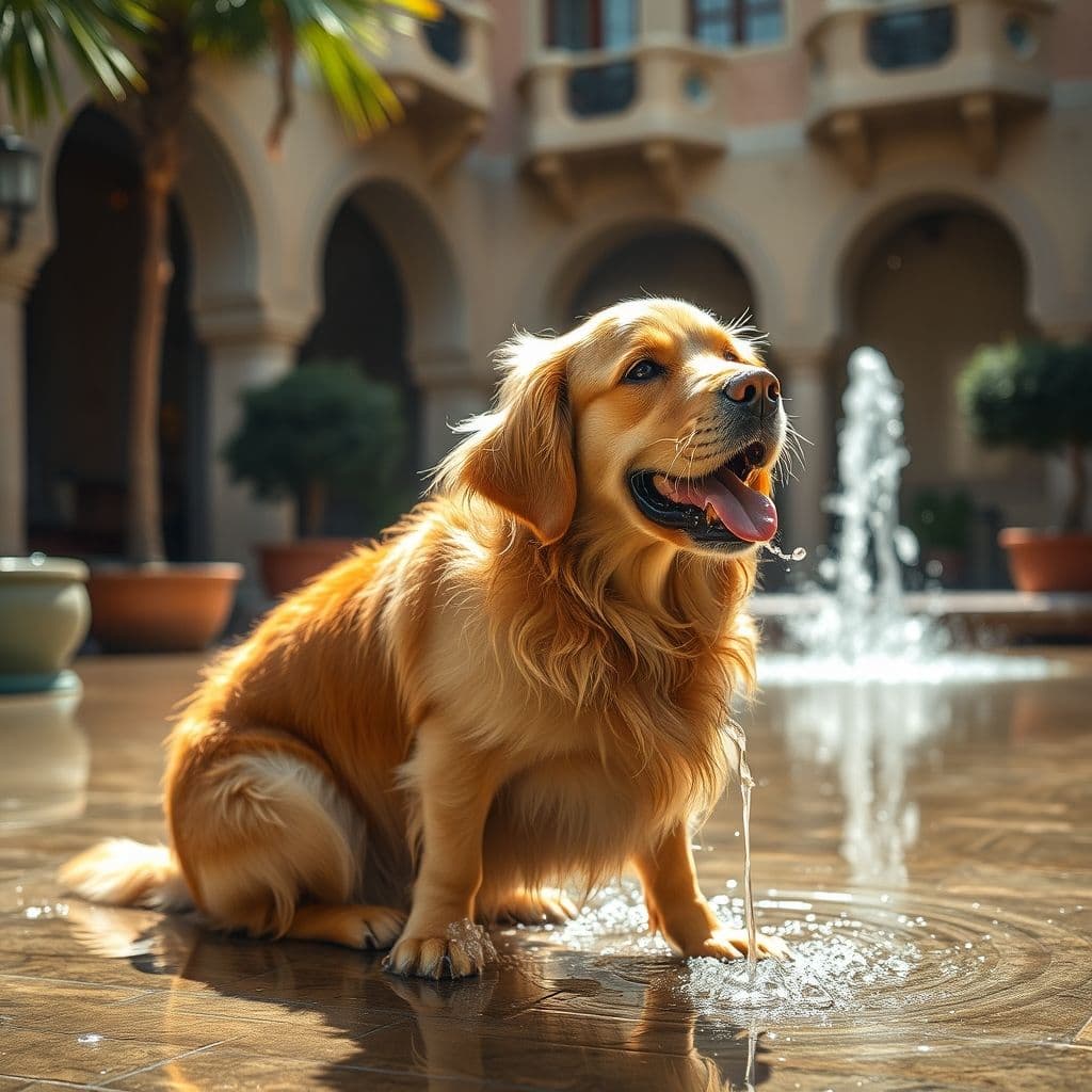 Perro refrescándose en verano con agua en el pecho y almohadillas