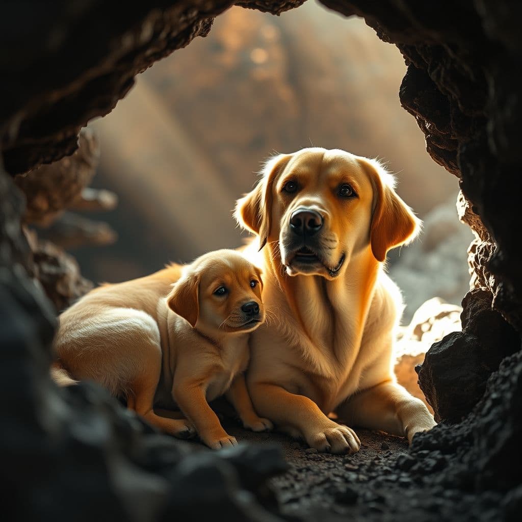 Perra madre sujetando suavemente a cachorro por el cuello en comportamiento natural