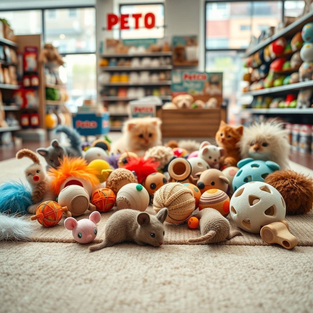 Variedad de juguetes para gatos colocados sobre una alfombra