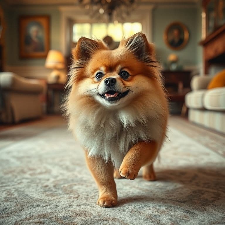 Pomerania cachorro jugando suavemente en el suelo de la sala