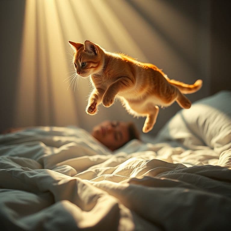 Gato saltando sobre la cama de su dueño con energía matutina