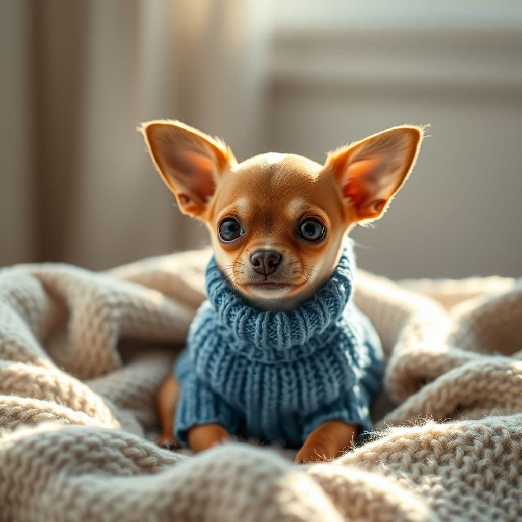 Chihuahua mini toy con suéter abrigado mirando a cámara con expresión dulce