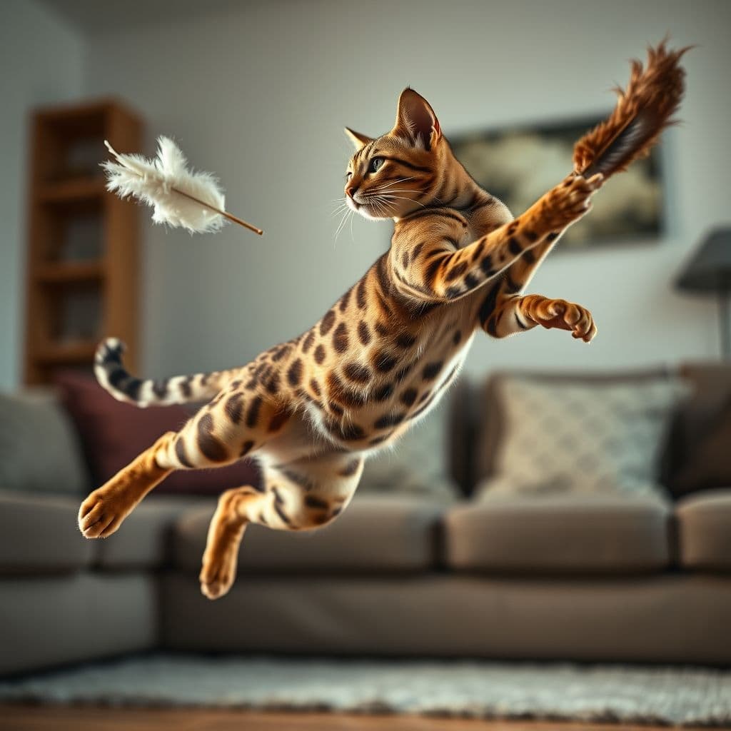 Gato jugando con caña de pescar juguete