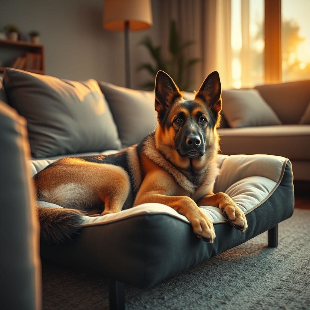 Perro de raza grande descansando en su propia cama junto al sofá de la sala