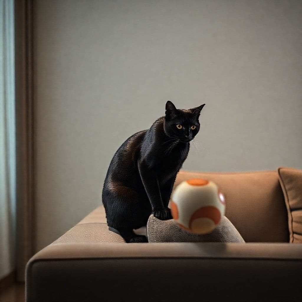 Gato aburrido a punto de arañar un sofá siendo distraído por un juguete interactivo