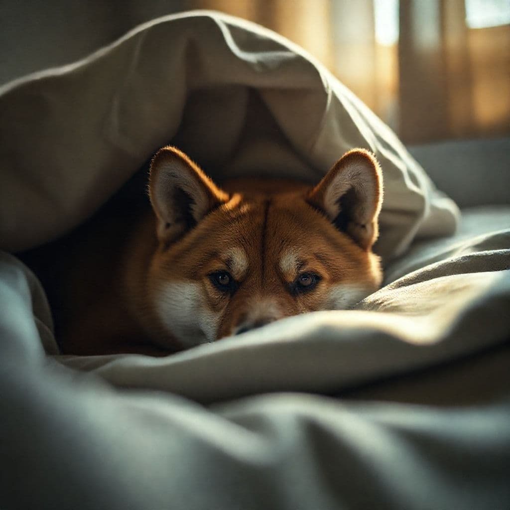 Perro triste escondido debajo de una cama en un ambiente oscuro