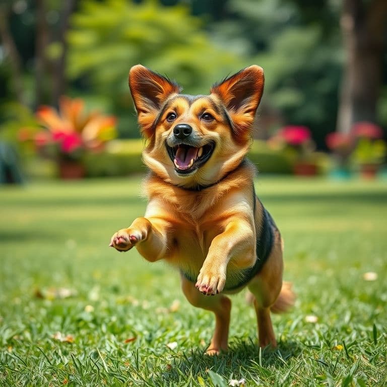 Perro tripode jugando alegremente en jardín mostrando adaptación y felicidad