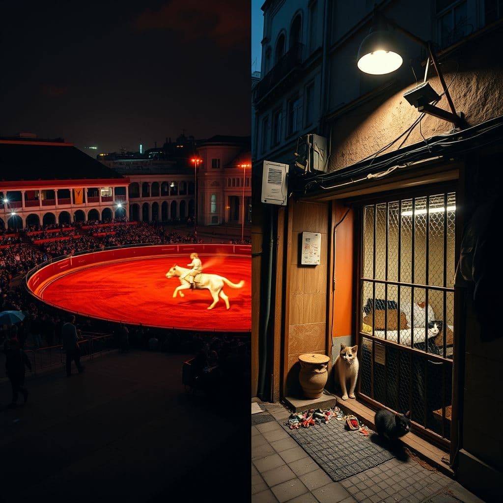 Contraste visual entre una plaza de toros llena y una colonia felina descuidada