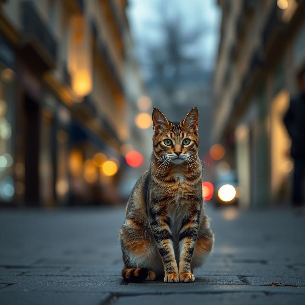 Gato callejero en una colonia felina con un fondo urbano desenfocado