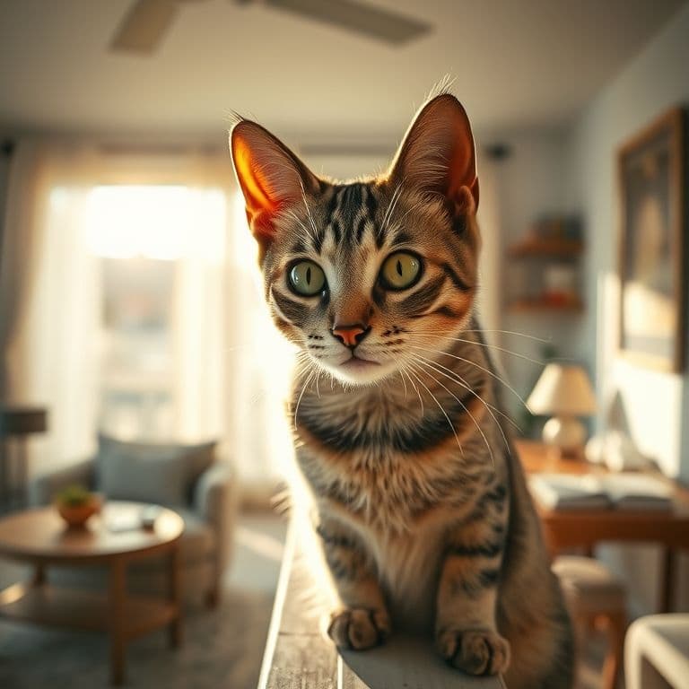 Gato doméstico curioso mirando desde una estantería en un hogar