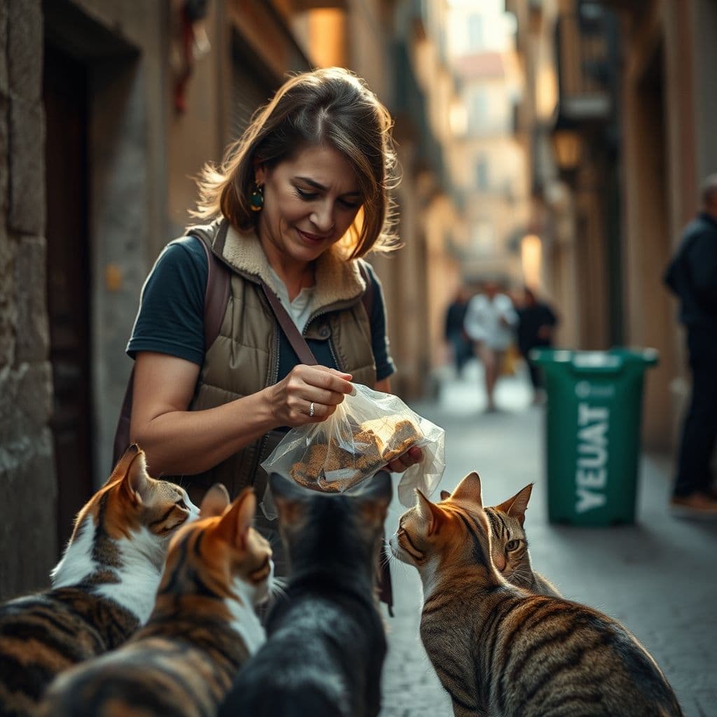 Persona alimentando gatos callejeros de forma responsable