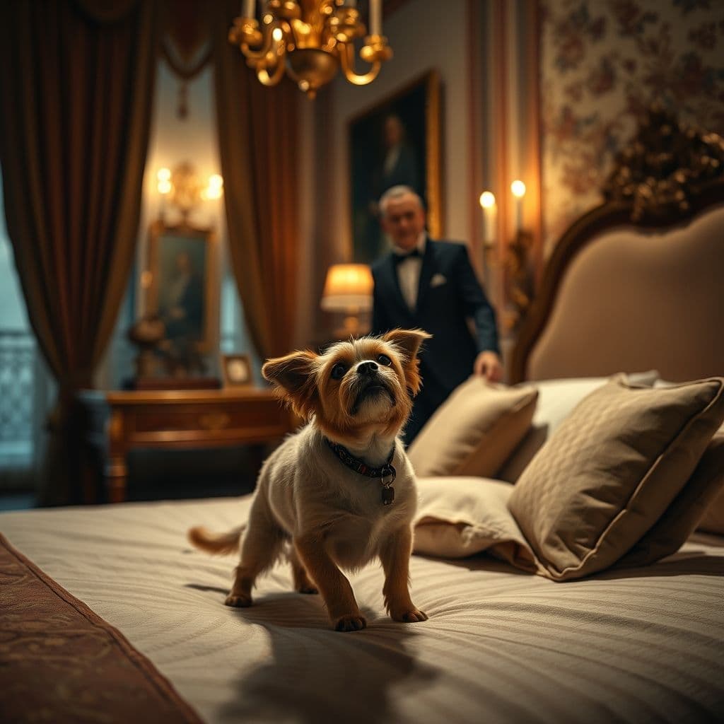 Dueño resistiendo las súplicas de su perro para subir a la cama.