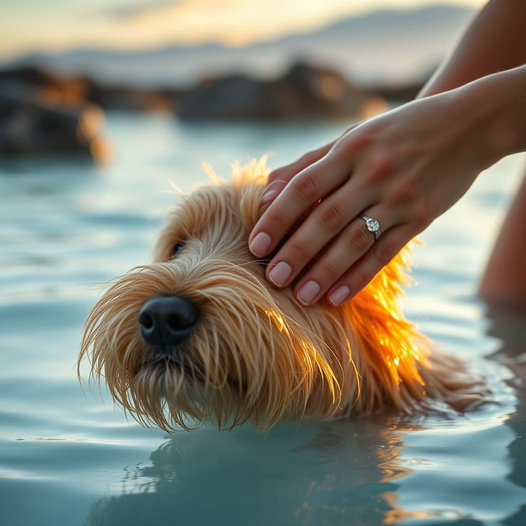 Ingredientes naturales como avena y aloe vera siendo aplicados en baño canino