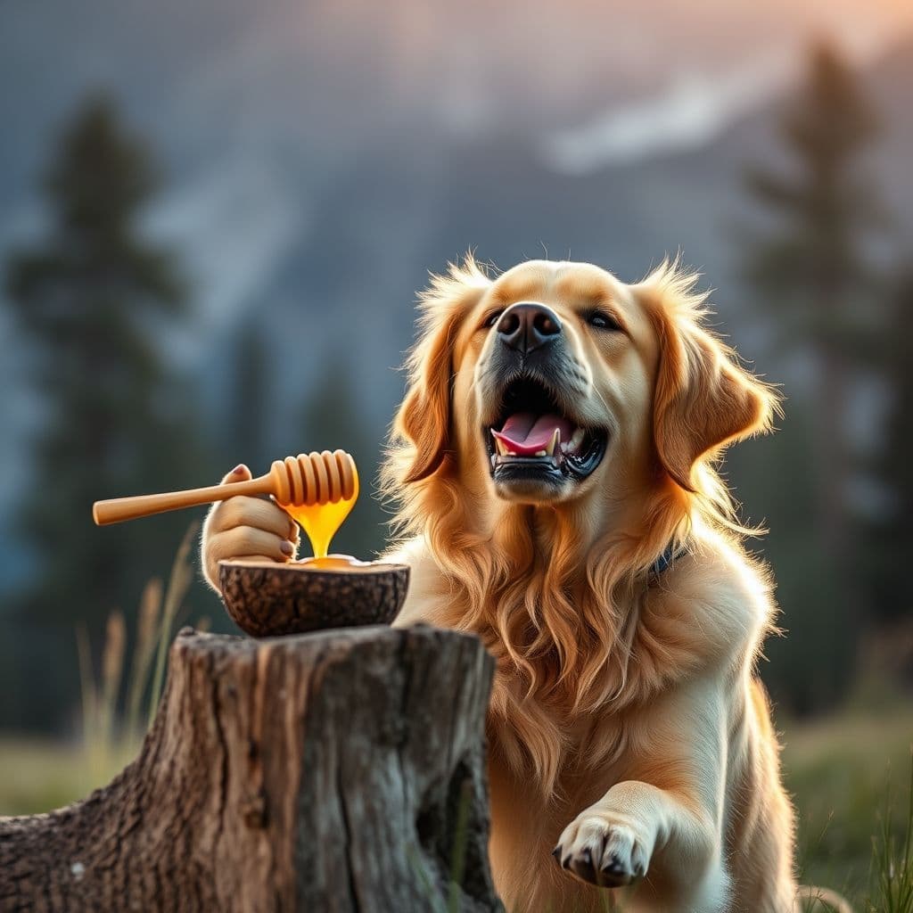 Perro lamiendo miel de una cuchara con fondo de naturaleza