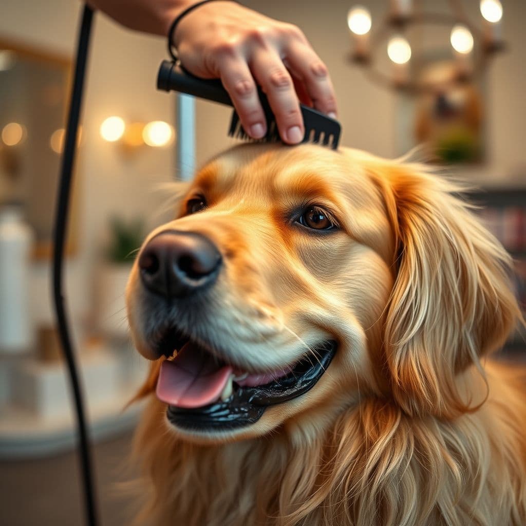 Perro de raza con pelaje doble capa siendo cepillado por un profesional