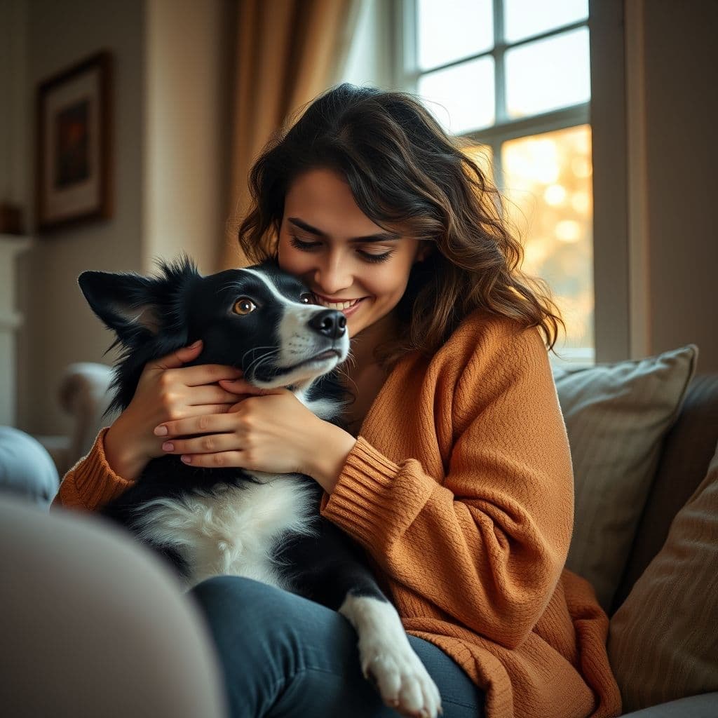 Dueño hablando con su perro mostrando lenguaje corporal positivo y tono alegre