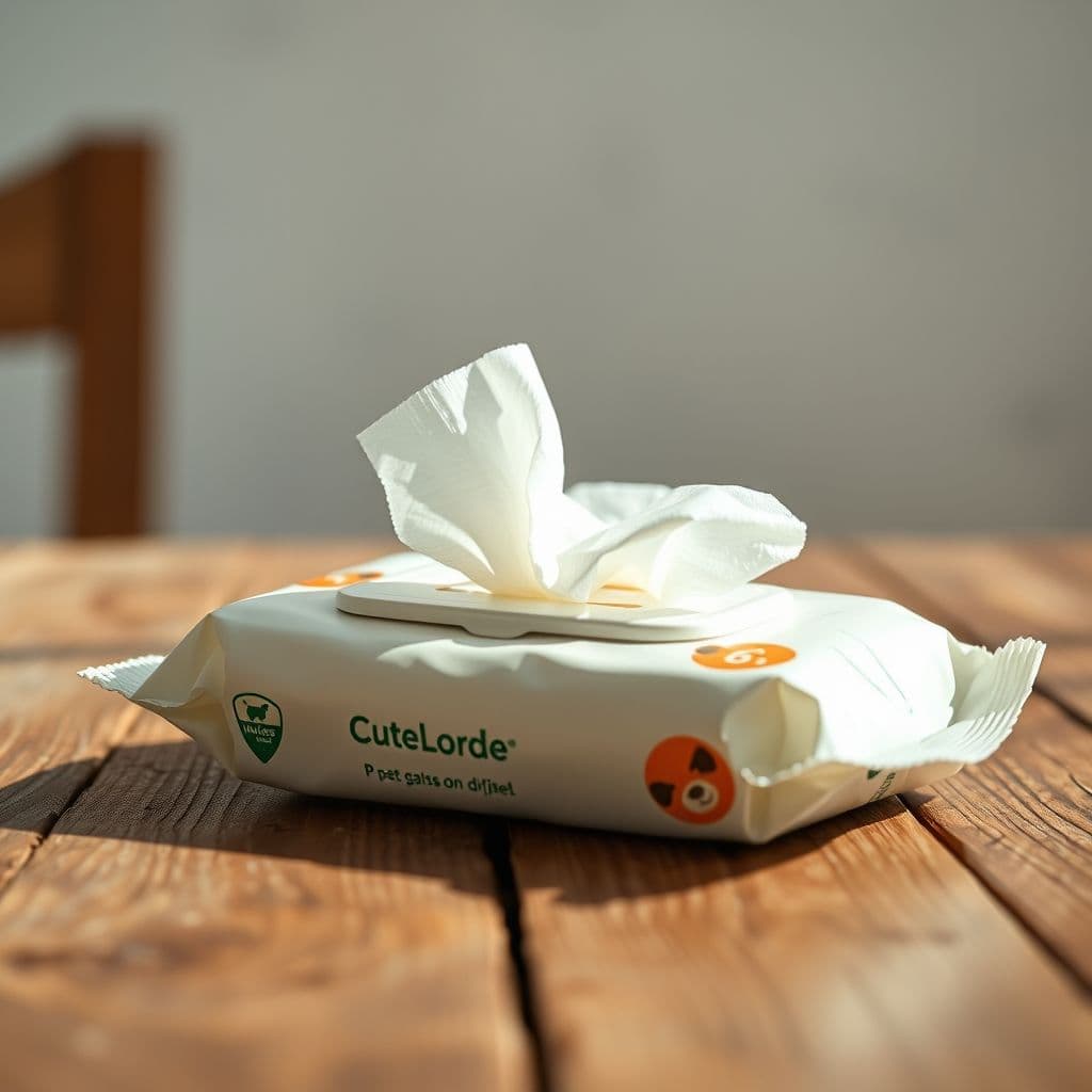 Pack de toallitas para perros sin agua de CuteLorde abierto mostrando las toallitas