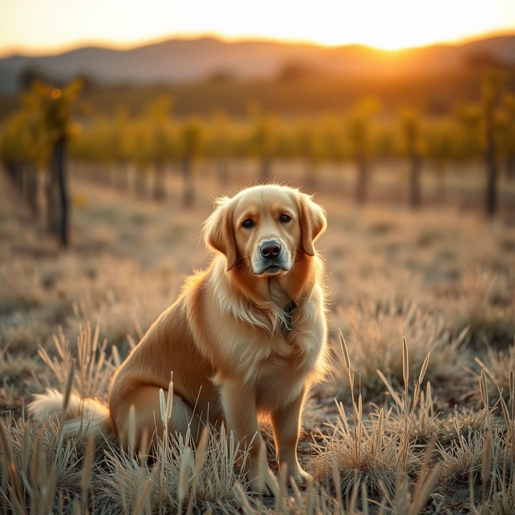 Perro con expresión preocupada entre campo de espigas secas al atardecer