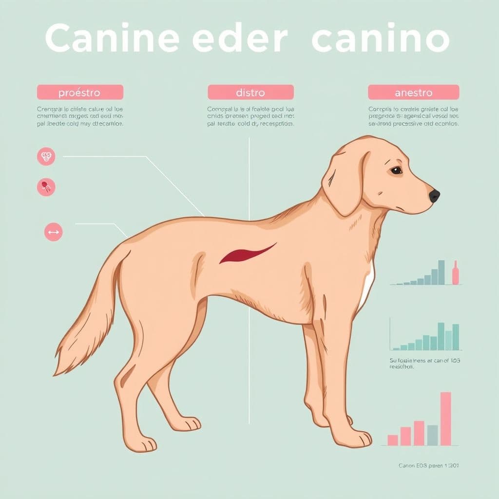 Calendario visual de las fases del celo canino con fechas y síntomas