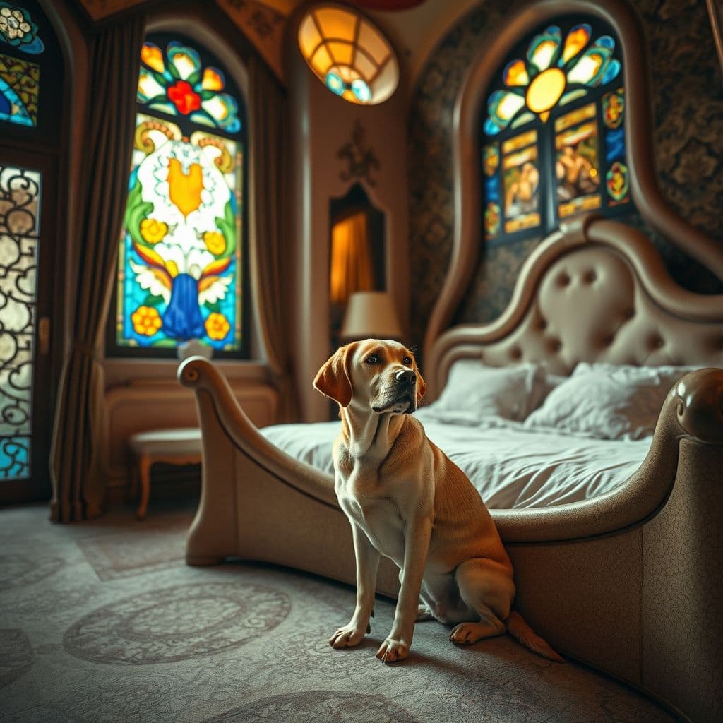 Perro esperando permiso para subir a la cama con dueño sonriente