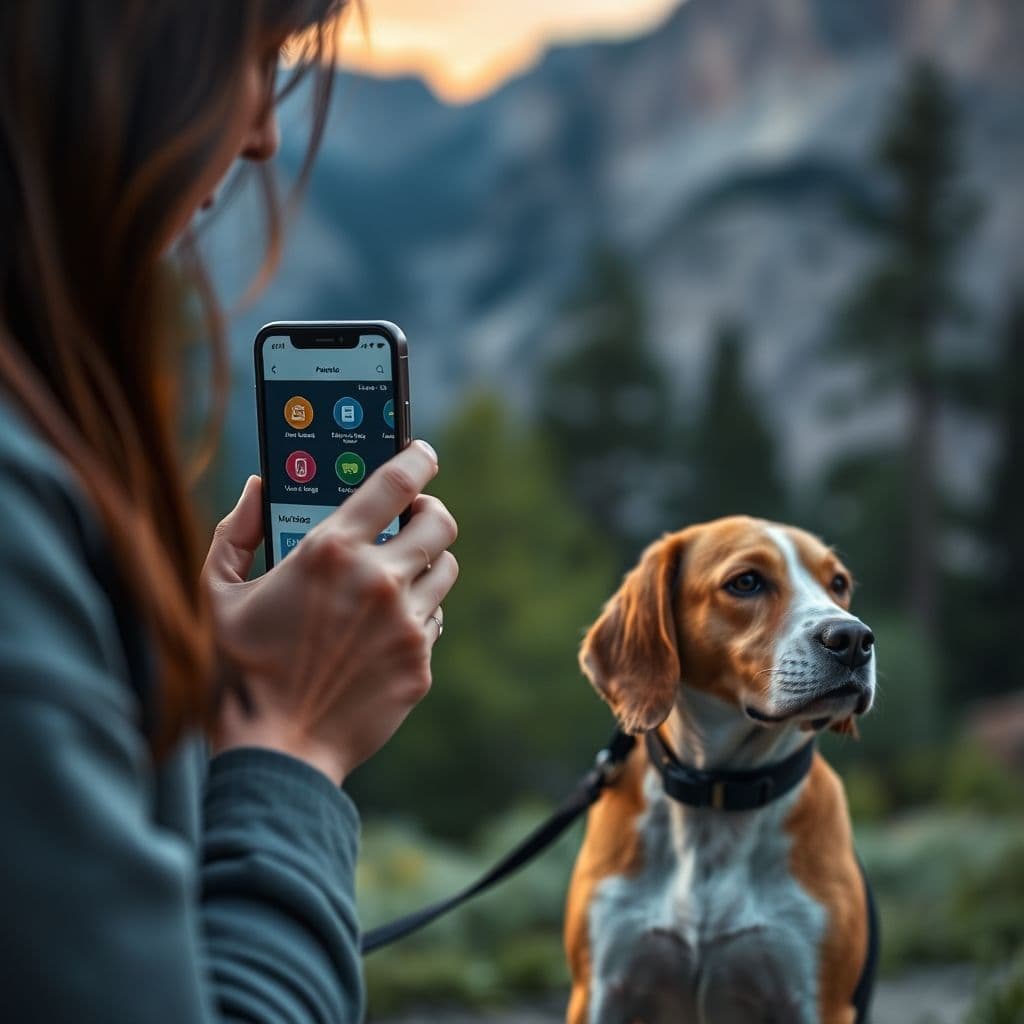 Dueño usando app Friendog para localizar peligros durante paseo con perro