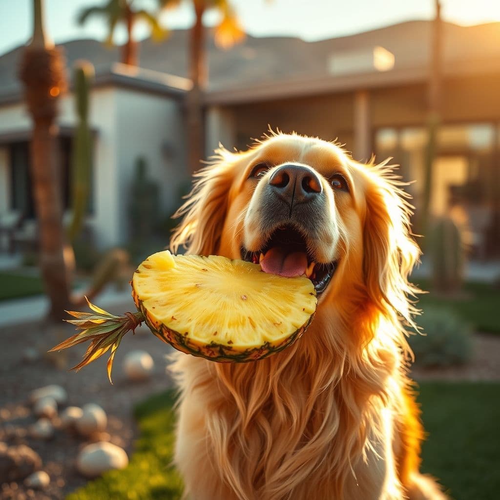 Perro labrador mordiendo una rodaja de piña fresca en un jardín soleado