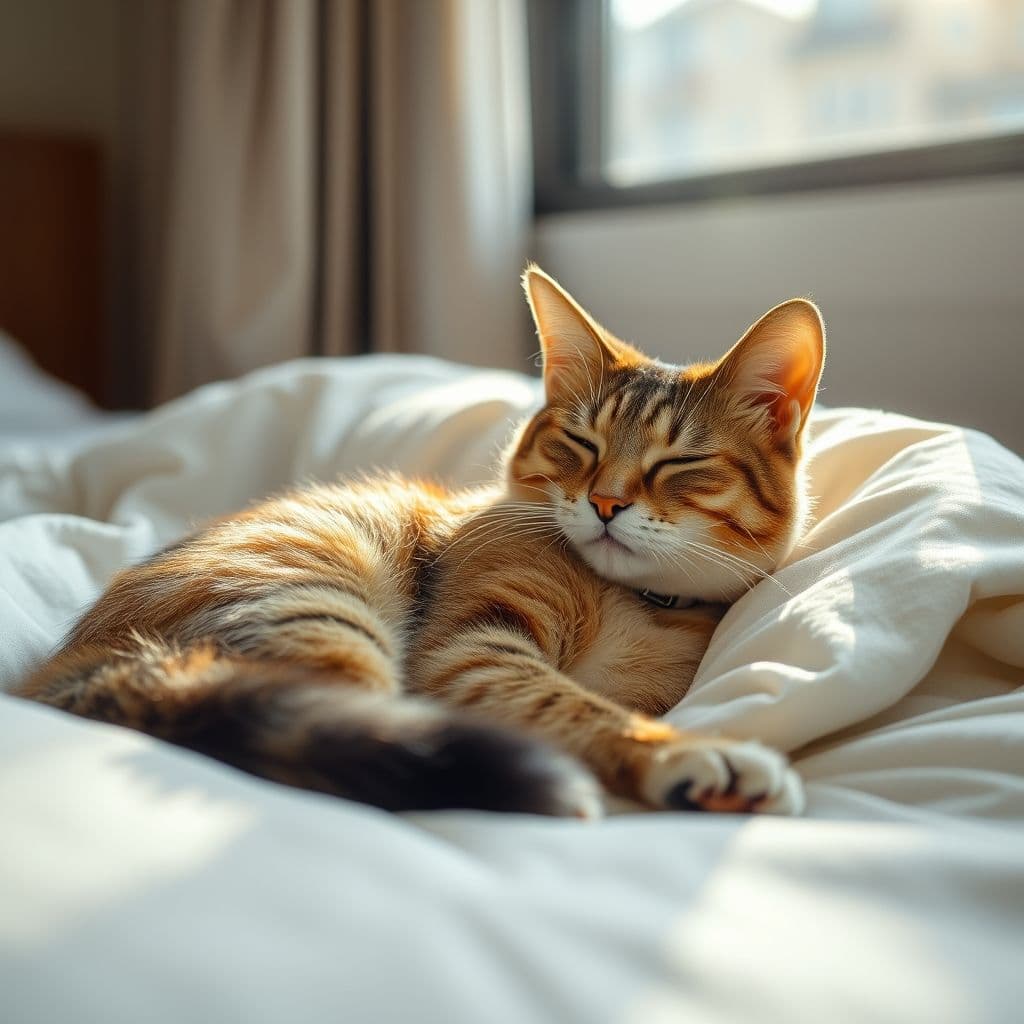 Gato adulto tranquilo después de la castración, acostado en una manta suave con expresión relajada.