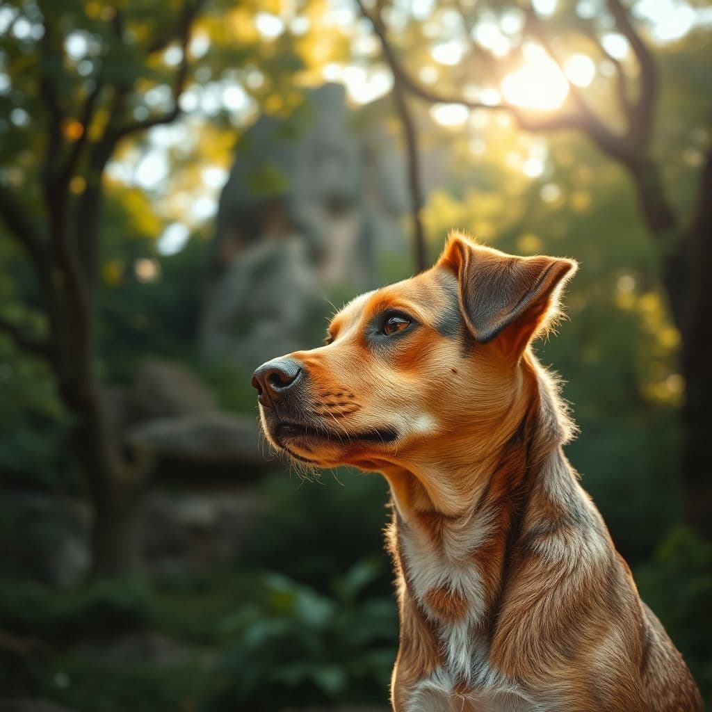 Perro mestizo mirando con timidez mientras su dueño lo anima a pasear en un parque tranquilo