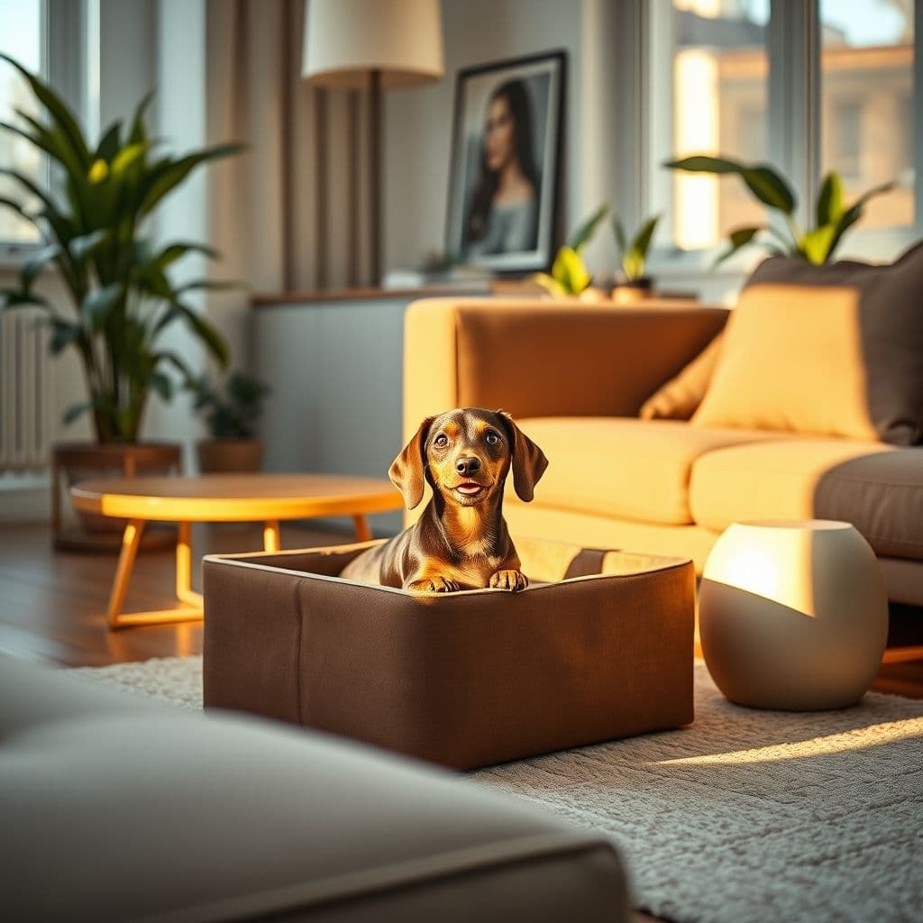 Perro de raza pequeña usando Box Puppy en interior