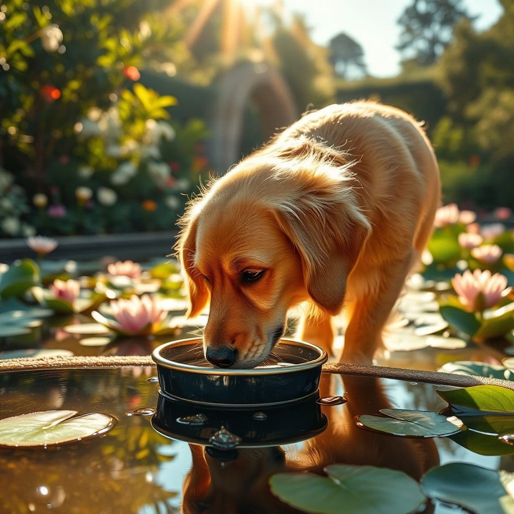 Perro bebiendo agua fresca en un día caluroso de verano con sombra