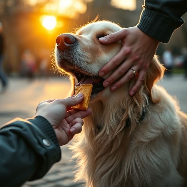 Dueño administrando pastilla a perro de forma segura y cariñosa
