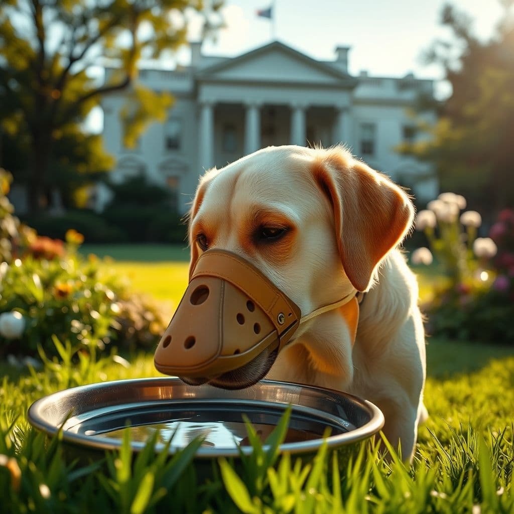 Perro con bozal de pico de pato, bebiendo agua tranquilamente en un entorno seguro