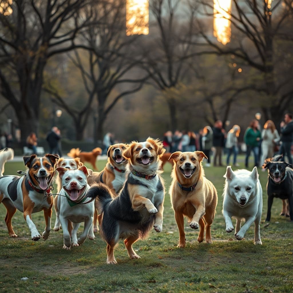Grupo de perros socializando en parque gracias a la app Friendog