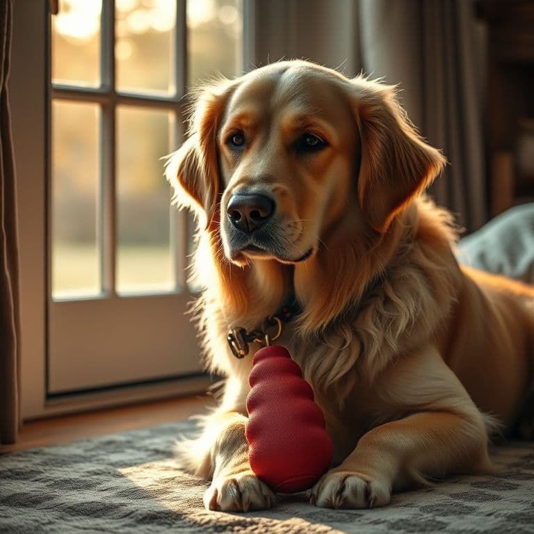 Perro feliz y relajado lamiendo un kong relleno de comida untable en un ambiente hogareño acogedor