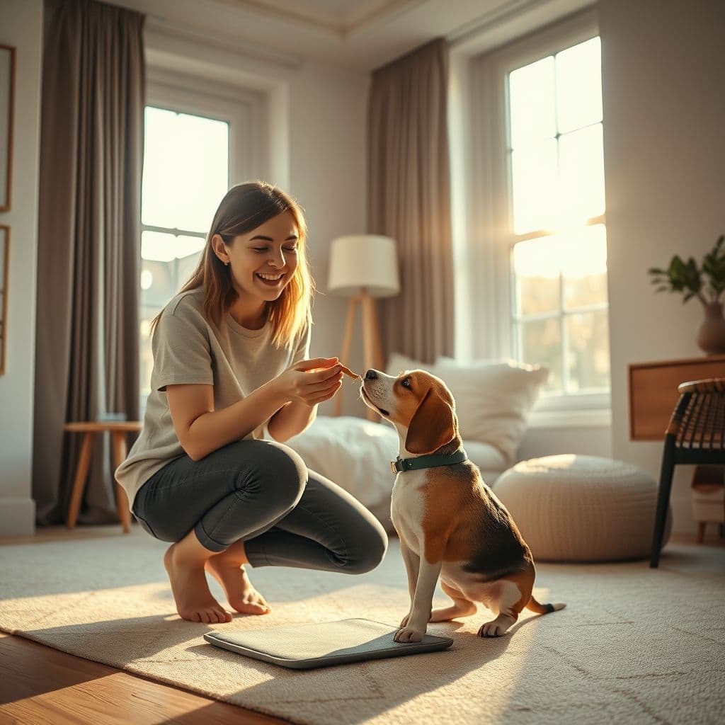 Dueña premiando a cachorro con snack después de usar correctamente el pañal