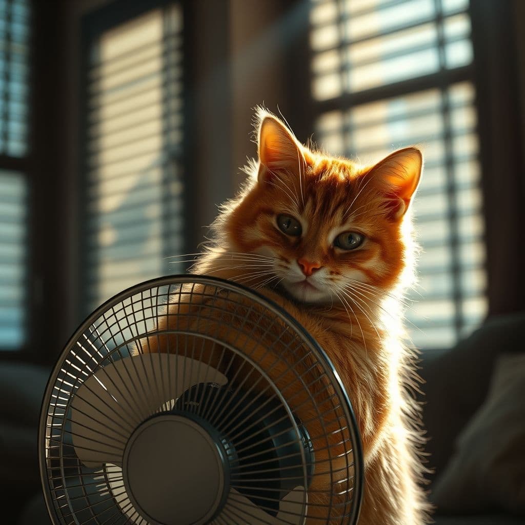 Gato abrazando un ventilador para refrescarse en un día caluroso