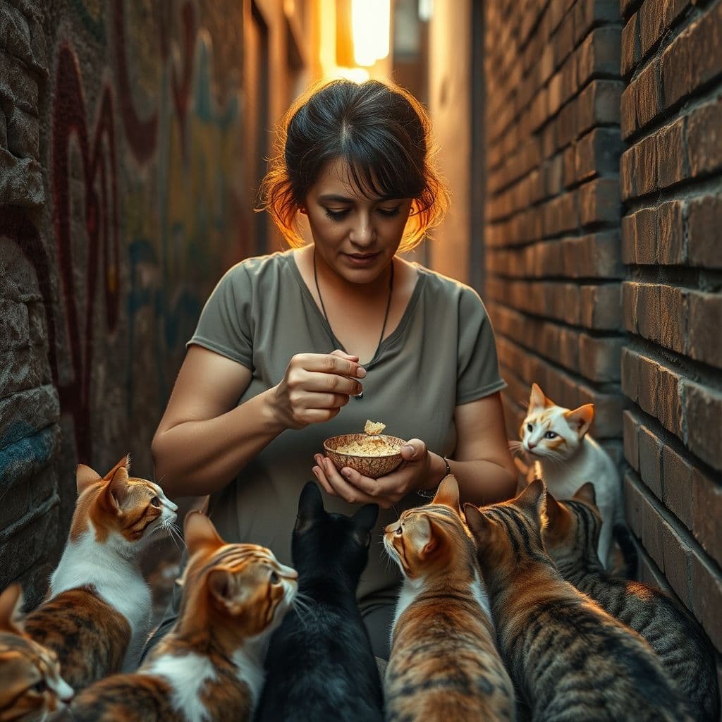 Alimentadora valenciana colocando pienso en comederos para gatos de colonia felina al atardecer