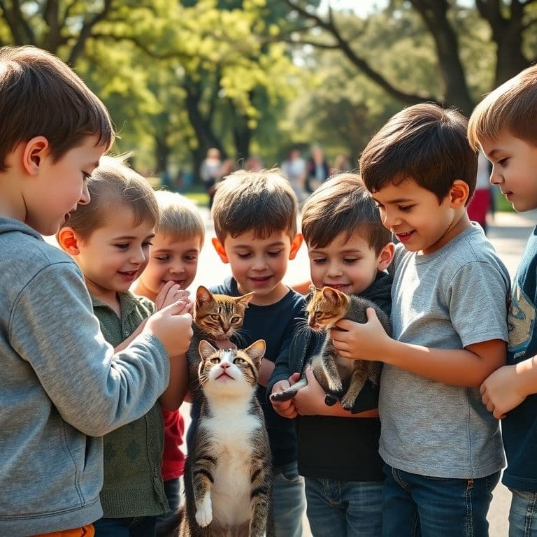 Niños aprendiendo a cuidar gatos callejeros con Chema en el parque