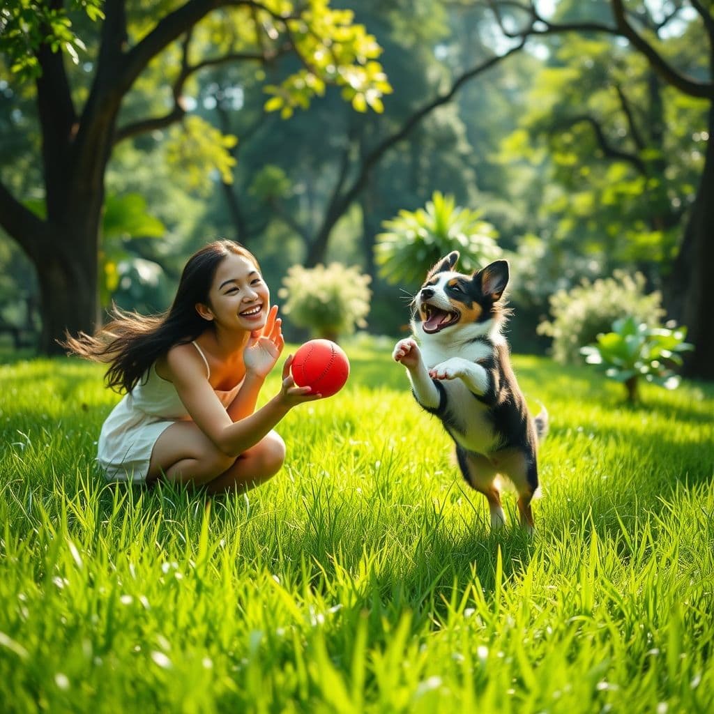Dueño jugando a buscar con su cachorro en el jardín
