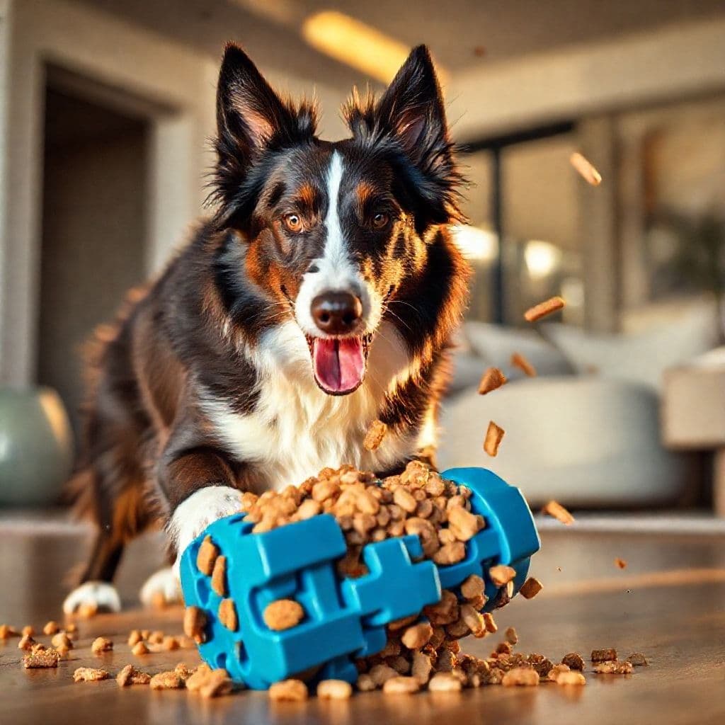 Perro jugando con juguete interactivo dispensador de comida
