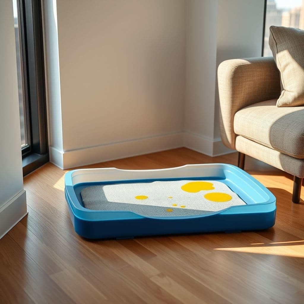 Pañal para perros colocado en bandeja de entrenamiento en esquina de habitación
