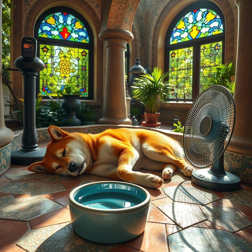 Perro buscando sombra y frescor en un día caluroso