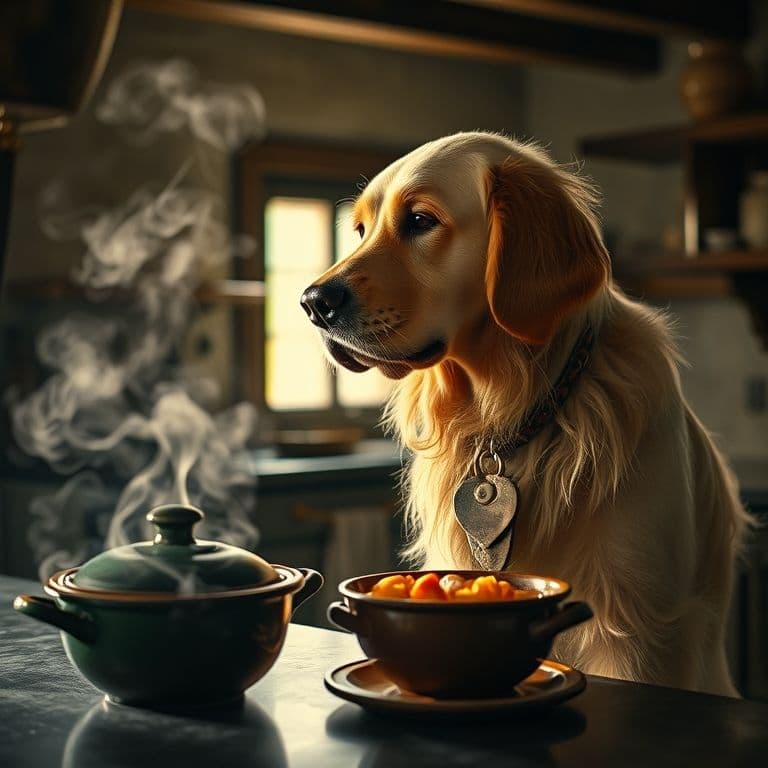 Perro olfateando un plato de comida tibia con vapor suave, en una cocina moderna